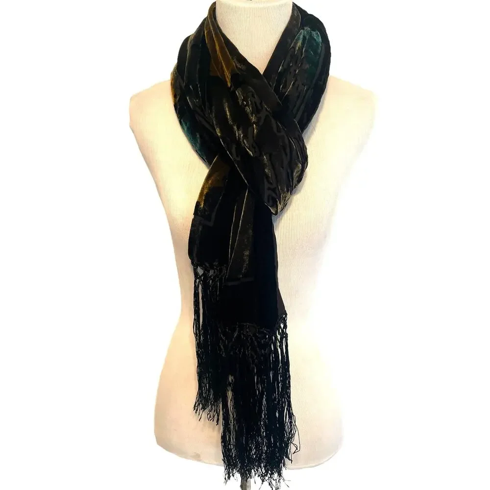 Burnout Velvet Playing Card Scarf Womens Black Teal Brown Fringed Spade Heart